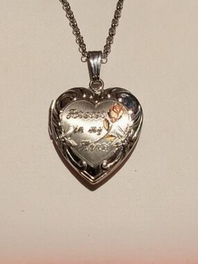 Heart Locket Necklace in Silver with Rose Accent